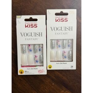 KISS Voguish Fantasy Milk Bath Press-On Nails Long Coffin Floral Glitter 2 Packs